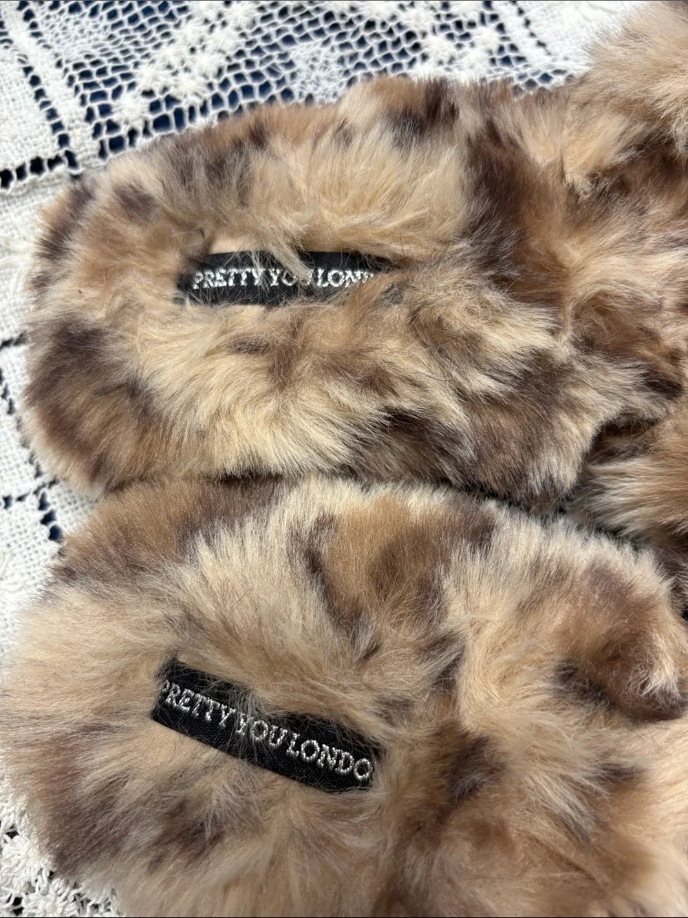 Pretty You London XL Faux Fur Bow Slide Slippers in Brown Leopard